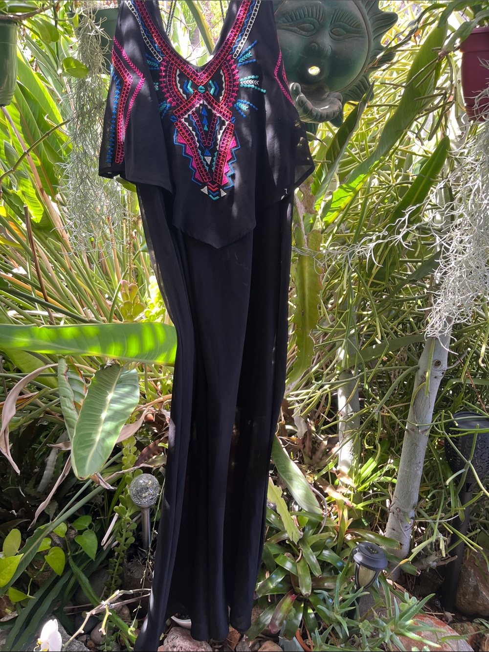 Xhilaration Black Jumpsuit with Pink & Blue Embroidery